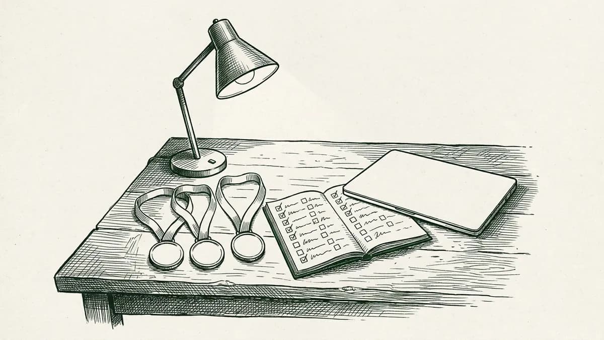 Dessin à l'encre façon illustration de presse : trois badges de certification vierges posés sur un bureau à côté d'un carnet ouvert et d'un ordinateur portable