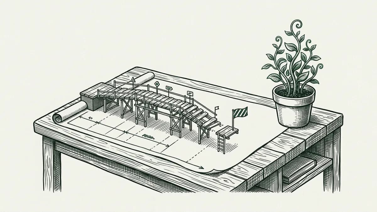 Dessin à l'encre façon presse : un planning en forme de pont qui s'arrête sur une ligne d'arrivée, à côté d'une plante en pot qui continue de pousser sur une étagère