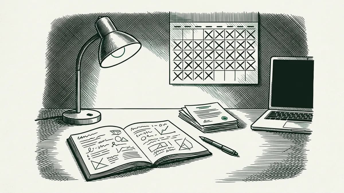 Dessin à l'encre façon illustration de presse : une lampe de bureau allumée sur un cahier de cours du soir, à côté d'un agenda de bootcamp aux semaines cochées