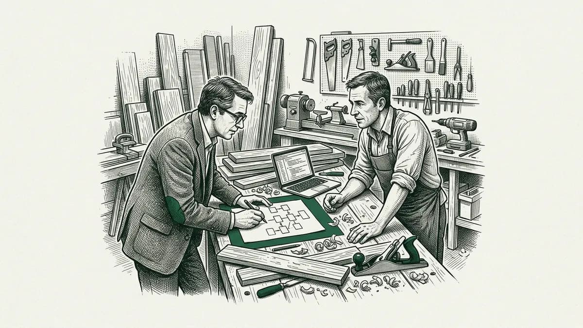 Un consultant IA dessine un schéma de processus avec un menuisier dans son atelier