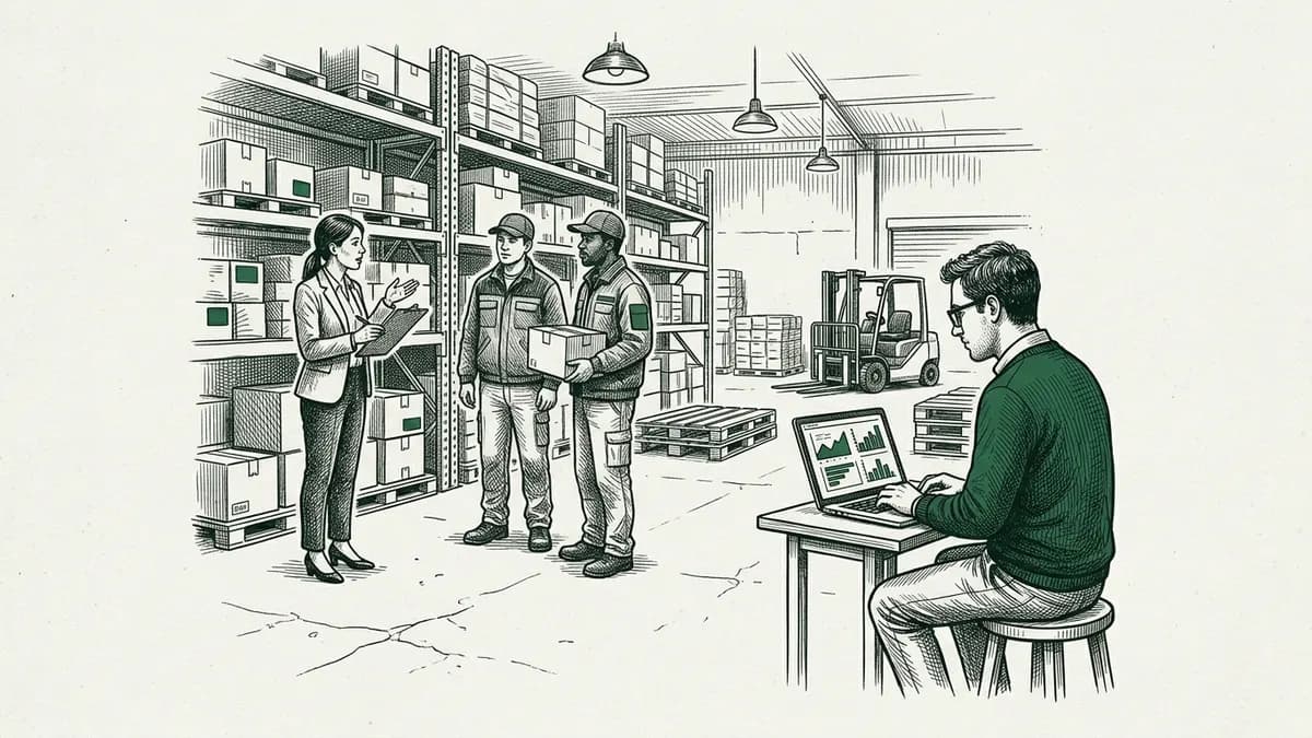 Dans un entrepôt, une business analyst interroge deux magasiniers pendant qu'un data analyst analyse des graphiques sur son ordinateur