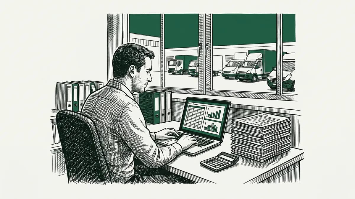 Un assistant de gestion travaille sur un tableur et des graphiques dans le bureau d'une entreprise de transport, des camions derrière la fenêtre