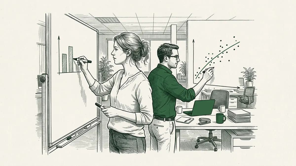 Deux collègues au tableau blanc, l'une dessine un histogramme, l'autre trace une courbe de régression sur un nuage de points