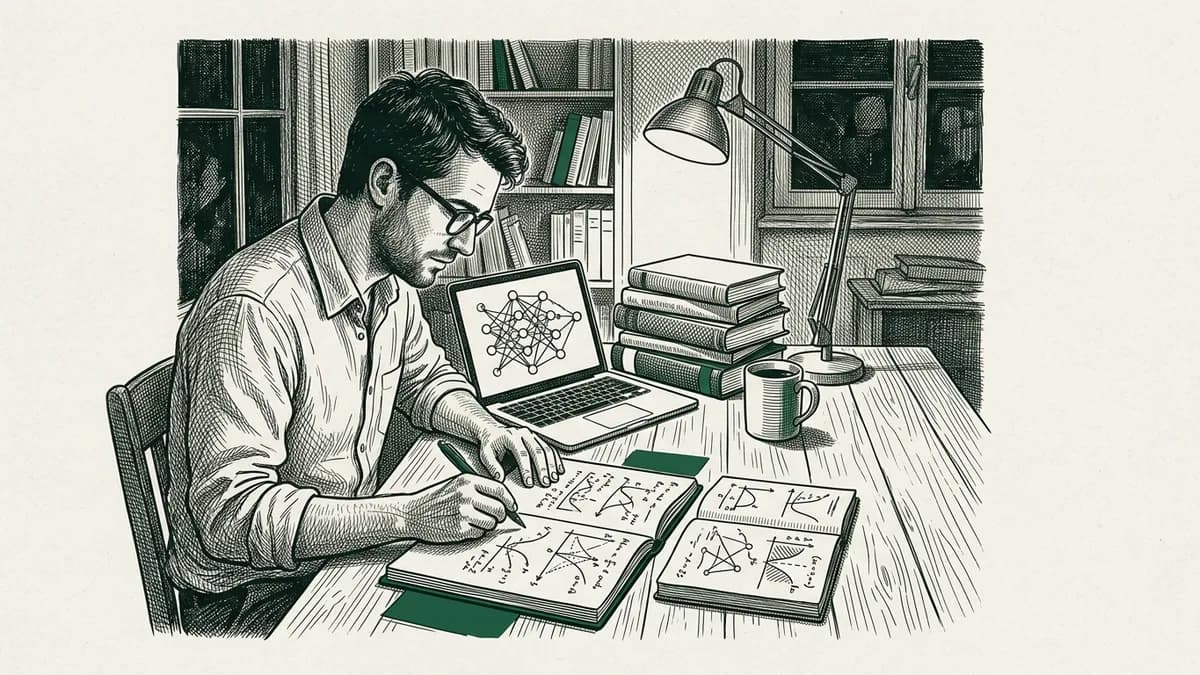 Un adulte révise des formules mathématiques à côté d'un ordinateur affichant un réseau de neurones