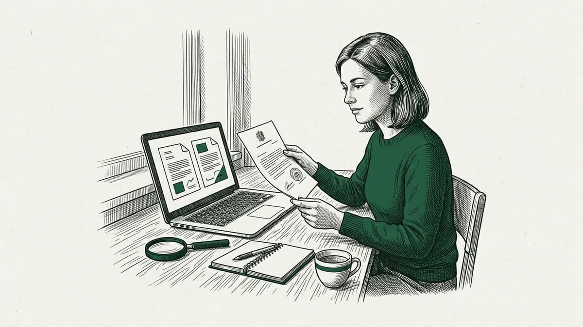Une femme vérifie un document officiel tamponné à côté de son ordinateur, une loupe posée sur le bureau