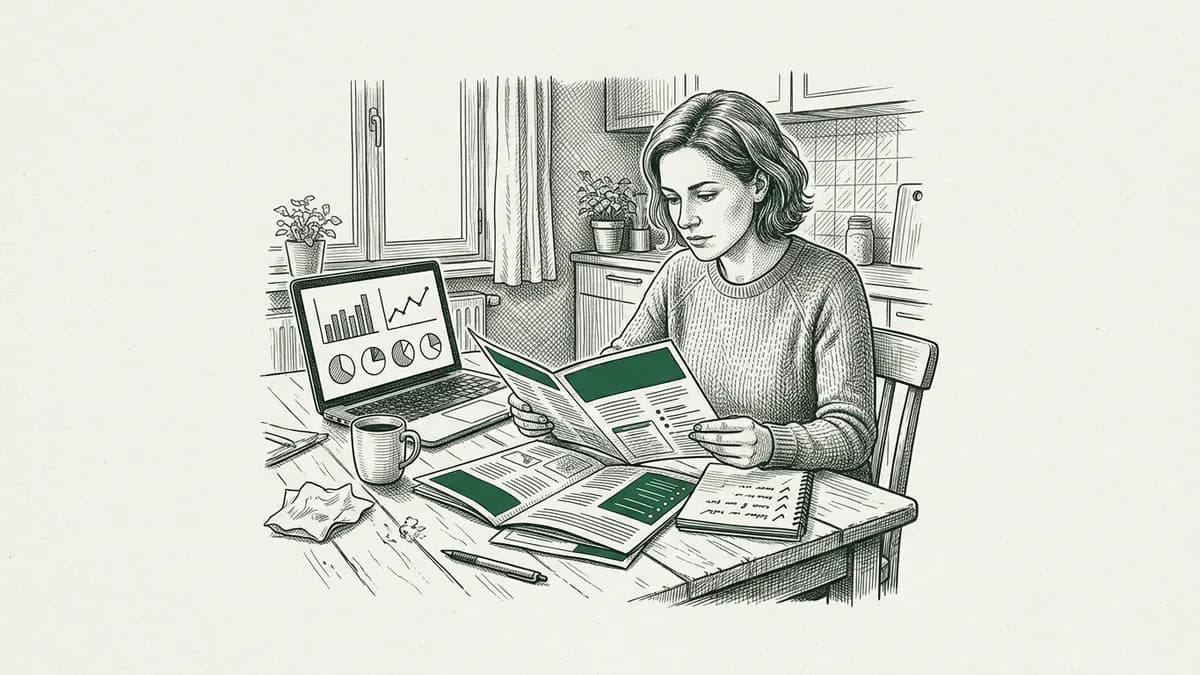 Une femme compare des brochures de formation à côté d'un ordinateur affichant des graphiques marketing