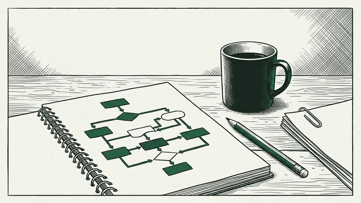 Dessin à l'encre façon illustration de presse : un carnet ouvert où des blocs reliés par des flèches dessinent un scénario d'automatisation