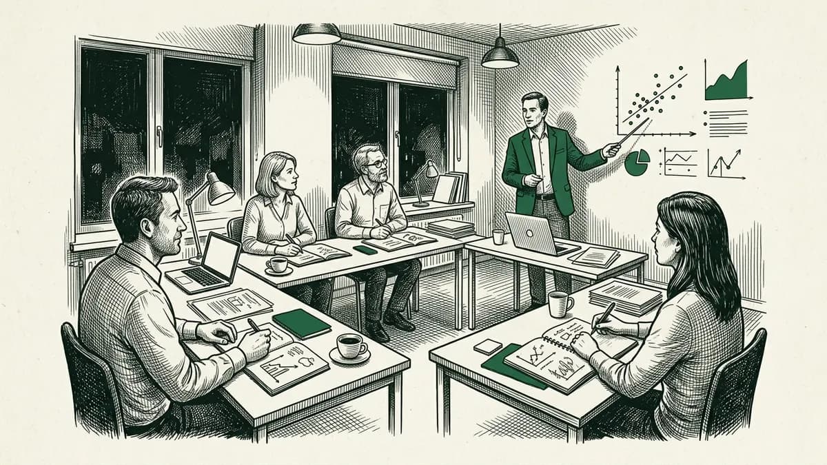 Des adultes suivent un cours du soir de data analyse, un formateur commente un nuage de points projeté au mur