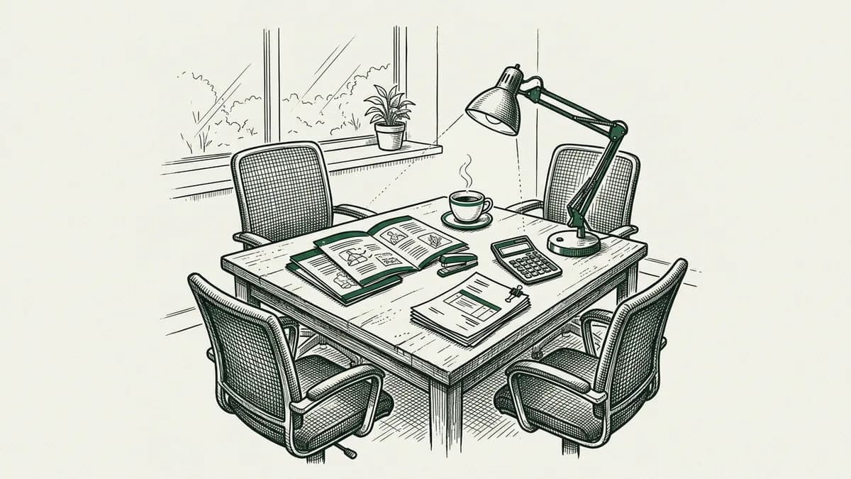 Dessin à l'encre façon illustration de presse : une table de réunion de PME couverte de catalogues de formation, d'un devis et d'une calculatrice, sous une lampe de bureau