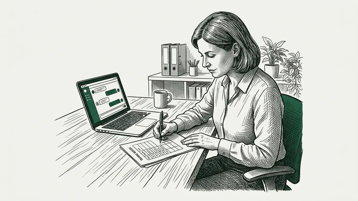 Une responsable des ressources humaines remplit un registre de formation à côté d'un ordinateur affichant un assistant conversationnel