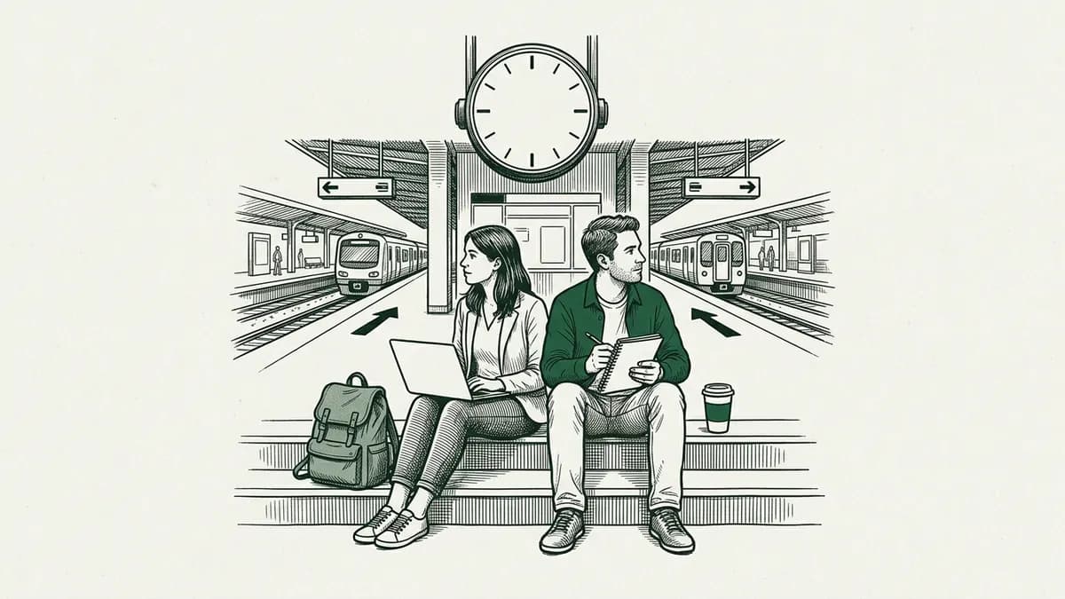 Deux adultes assis sur les marches d'une gare regardent deux quais qui partent dans des directions opposées
