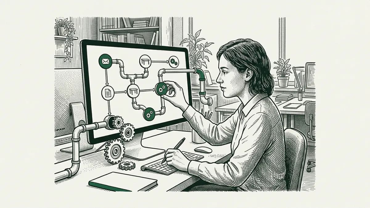 Une femme assemble sur son écran un scénario d'automatisation fait de modules reliés