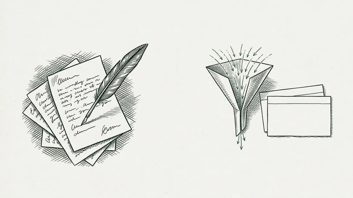 Dessin à l'encre façon illustration de presse : sur un bureau, une pile de brouillons annotés à côté d'un entonnoir en papier traversé de flèches