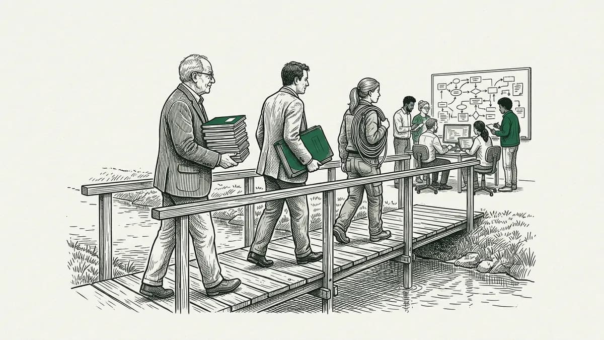 Un comptable, une enseignante et un technicien traversent une passerelle vers un atelier où une équipe travaille autour d'écrans et d'un tableau de schémas