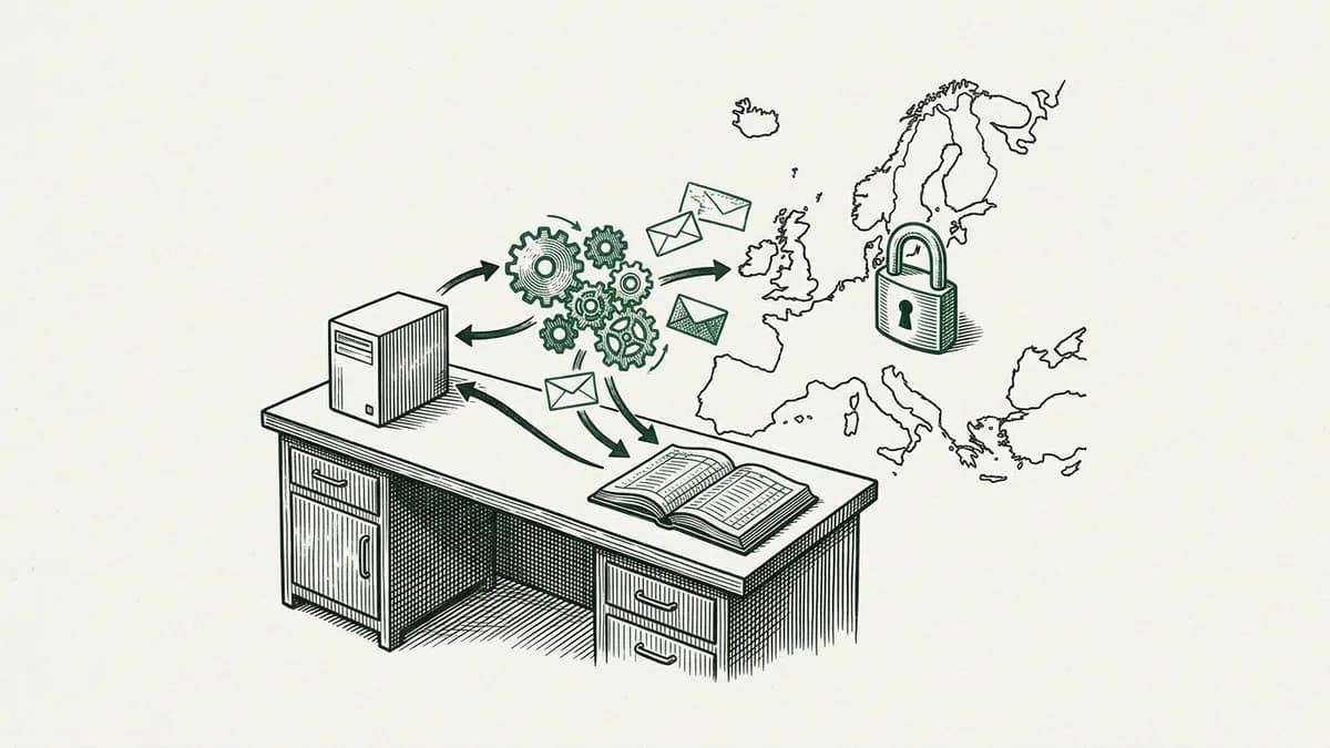 Dessin à l'encre façon illustration de presse : un tableau de bord de factures et un petit serveur posés sur un bureau, reliés par des flèches