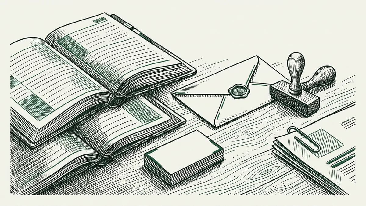 Dessin à l'encre façon illustration de presse : un carnet d'adresses ouvert, une pile de cartes de visite, une enveloppe et un tampon posés sur un bureau