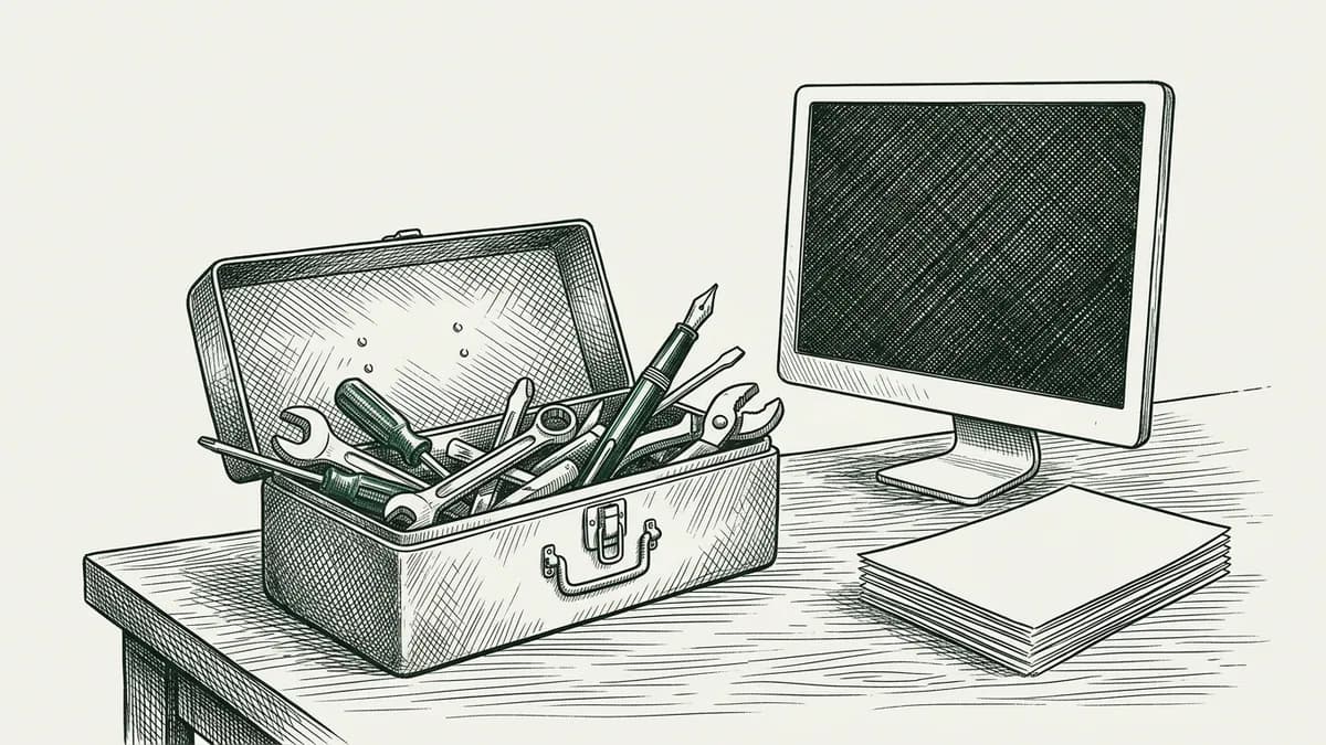 Dessin à l'encre façon presse : une boîte à outils ouverte sur un bureau, où un stylo plume est rangé parmi les clés et les tournevis, à côté d'un écran d'ordinateur