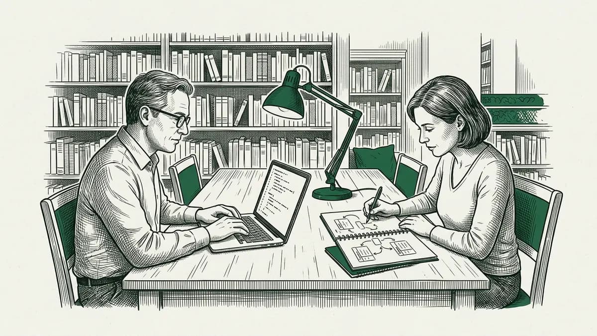 Dans une bibliothèque, un homme écrit du code sur son ordinateur et une femme dessine un schéma de tables reliées dans un carnet