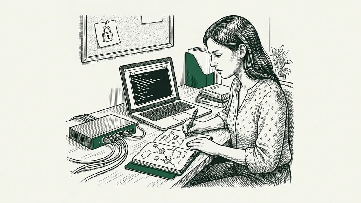 Une débutante en cybersécurité dessine un schéma de réseau à côté d'un switch