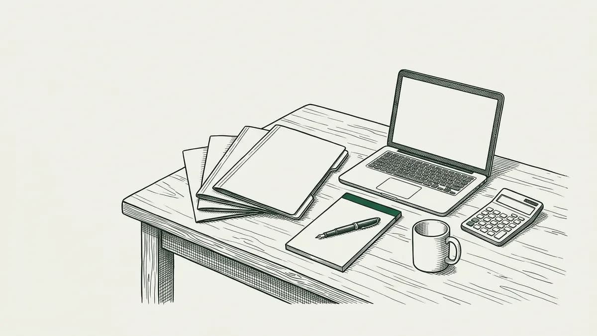 Dessin à l'encre façon illustration de presse : quatre chemises cartonnées posées en éventail sur un bureau, à côté d'un ordinateur portable et d'une calculatrice