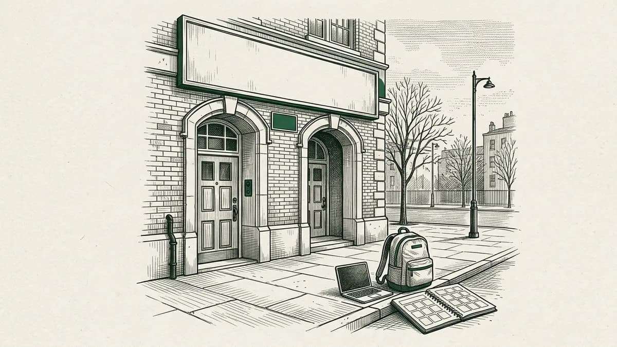 Dessin à l'encre façon presse : deux portes d'école côte à côte sous une même enseigne, devant lesquelles un adulte hésite, un sac sur l'épaule